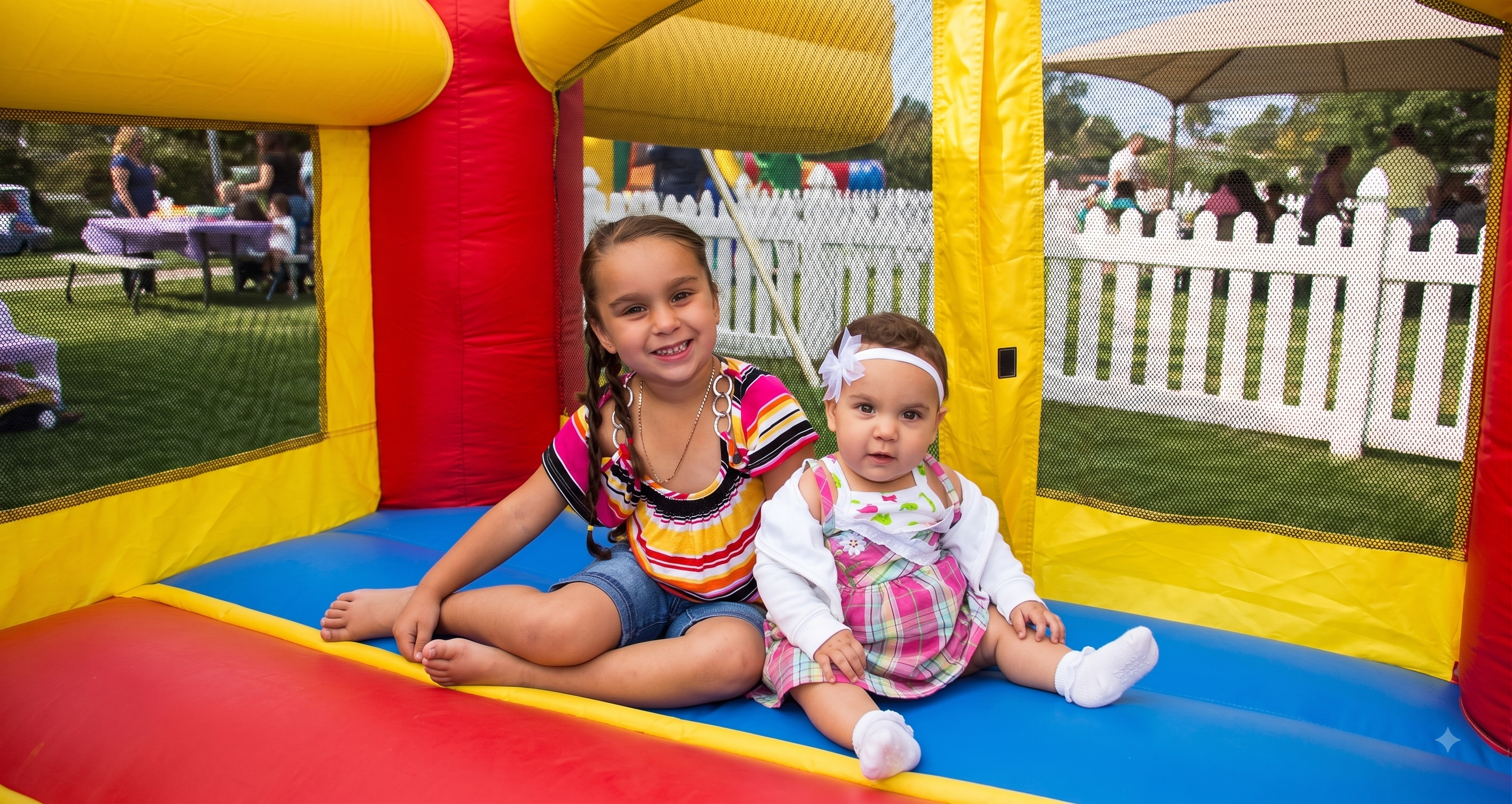 Two young sisters playing in a bounce house