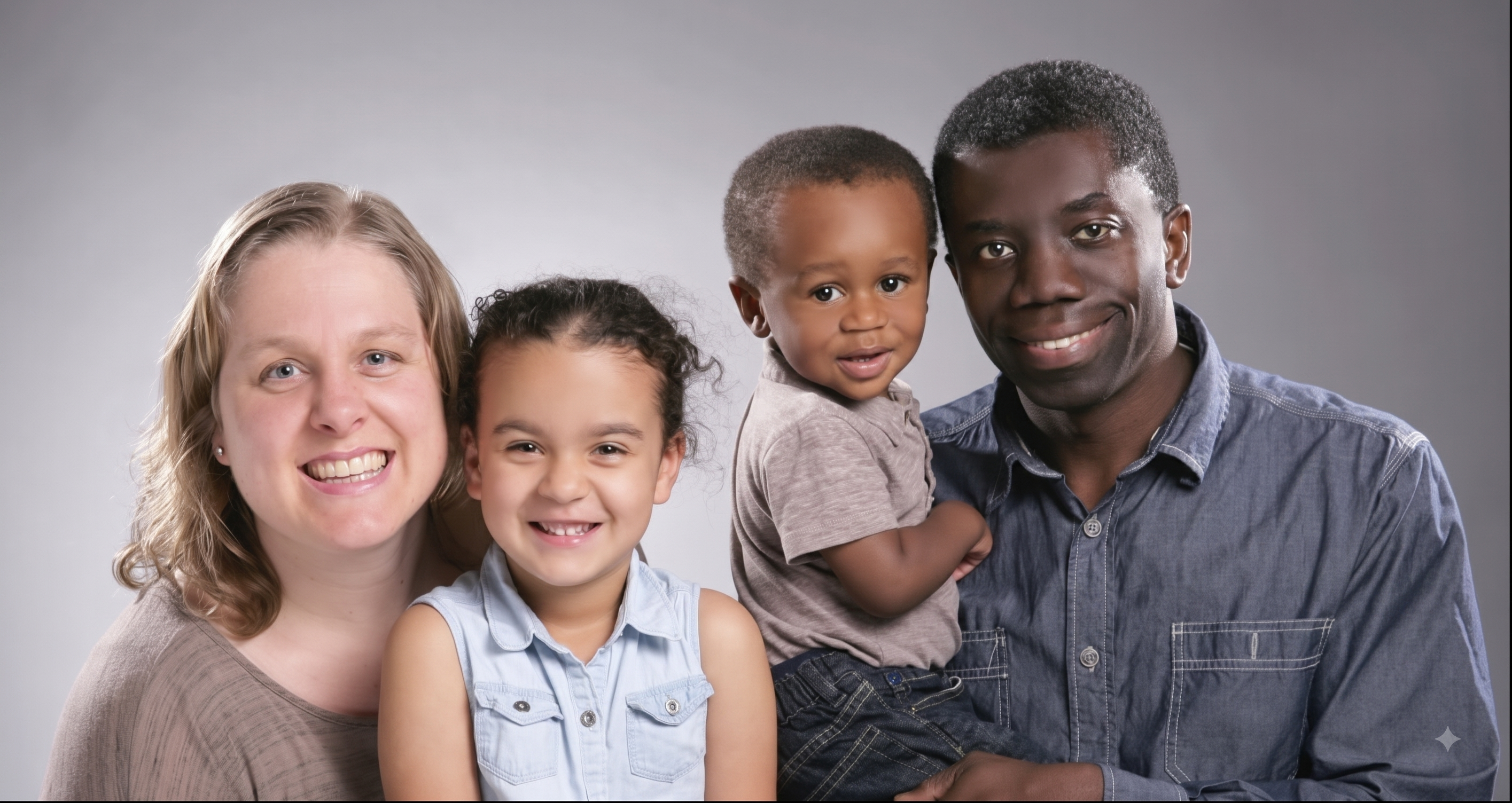 A bi-racial family of four smiling together