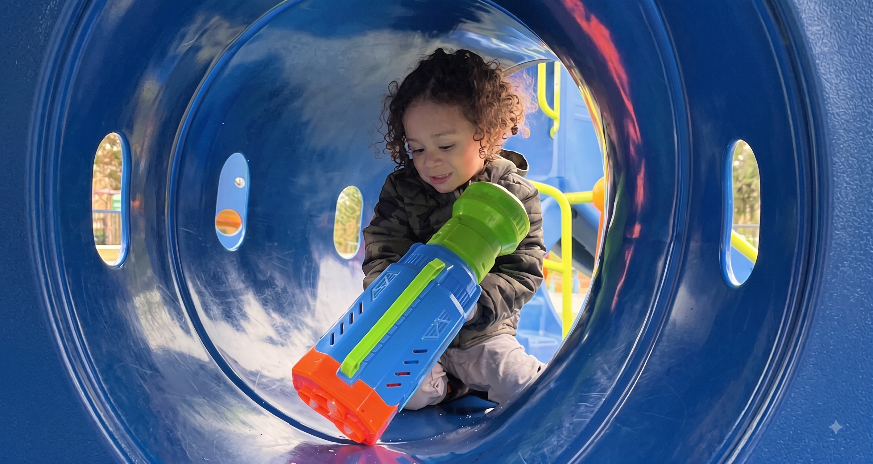 A young child playing in a playground tunnel