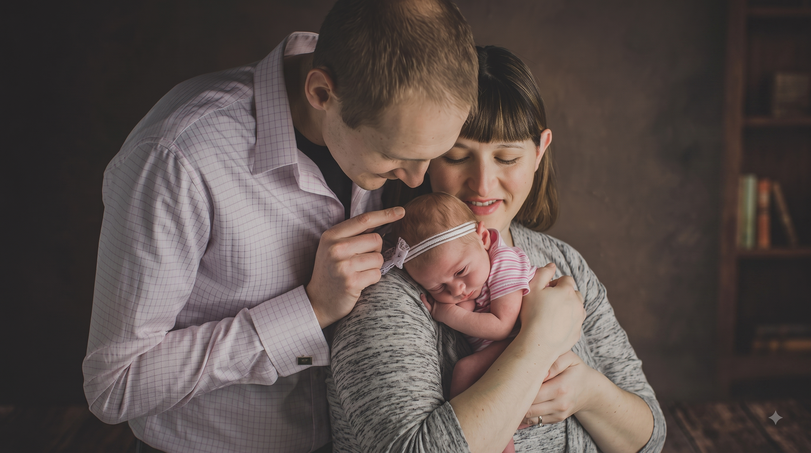 New parents cradling their newborn daughter